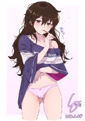 Rule 34 | 1girl, artist logo, ashigara (kancolle), brown eyes, brown hair, clothes lift, commentary request, cowboy shot, dated, highres, holding, holding toothbrush, kantai collection, ld (luna dial398), lifting own clothes, long hair, messy hair, panties, purple shirt, shirt, shirt lift, simple background, solo, toothbrush, toothbrush in mouth, two-tone shirt, underwear, white background, white panties