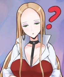 Rule 34 | 1girl, ?, bad id, bad twitter id, between breasts, black choker, breasts, choker, cleavage, coat, creatures (company), eyeshadow, forehead, game freak, green eyes, head tilt, highres, jitome, large breasts, lipstick, long hair, makeup, nintendo, oleana (pokemon), parted bangs, pokemon, pokemon swsh, popped collar, simple background, sleeves pushed up, solo, valthazeryus, white coat