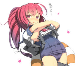 Rule 34 | 10s, 1girl, backpack, bag, blush, clothes lift, hair ribbon, i-168 (kancolle), innertube, kantai collection, long hair, looking at viewer, one-piece swimsuit, ooide chousuke, open mouth, personification, ponytail, randoseru, red eyes, red hair, ribbon, school swimsuit, school uniform, serafuku, shirt lift, solo, swim ring, swimsuit, swimsuit under clothes, translated, undressing