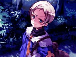 Rule 34 | 1girl, androgynous, bag, blue eyes, blush, bob cut, cape, circlet, duffel bag, fantasy, flat chest, forest, game cg, gloves, littlewitch, nature, night, ooyari ashito, outdoors, rope, rosetta (little witch romanesque), short hair, shoujo mahou gaku littlewitch romanesque, silver hair, smile, solo, tomboy, tree, turtleneck