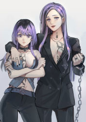 Rule 34 | 2girls, arm around shoulder, arm tattoo, arms under breasts, bare arms, bare shoulders, belt, black hair, black jacket, black pants, breasts, buttons, chain, chest tattoo, choker, collarbone, cowboy shot, crossed arms, double-breasted, earrings, frown, genderswap, genderswap (mtf), grey background, haitani ran, haitani rindou, hand on another&#039;s chest, hand up, highres, holding, jacket, jewelry, katsuyaatorz, lipstick, long hair, looking at viewer, makeup, multicolored hair, multiple girls, multiple rings, neck tattoo, necklace, no bra, pants, pendant, print jacket, purple eyes, purple hair, red lips, ring, siblings, sisters, smile, snake print, strapless, streaked hair, tattoo, tokyo revengers