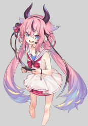 Rule 34 | 1other, black horns, black ribbon, blue eyes, blue hair, bow, bowtie, bracelet, controller, cropped legs, dress, grey background, hair between eyes, hair ribbon, headset, highres, holding, holding controller, horns, jewelry, long hair, looking to the side, meika hime, multicolored hair, pink hair, red bow, red bowtie, ribbon, sailor collar, simple background, sleeveless, sleeveless dress, smile, solo, very long hair, vocaloid, white dress, yamamomo (plank)