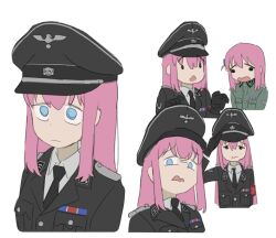 Rule 34 | 1girl, armband, black cat03, black gloves, black hat, black jacket, black necktie, blue eyes, bocchi the rock!, collar tabs, collared shirt, cube hair ornament, gloves, gotoh hitori, green jacket, hair ornament, hand up, hat, hat ornament, jacket, long hair, nazi, necktie, one side up, peaked cap, pink hair, red armband, salute, shirt, simple background, skull hat ornament, solo, ss insignia, ss uniform, totenkopf, upper body, waffen-ss, white background, white shirt