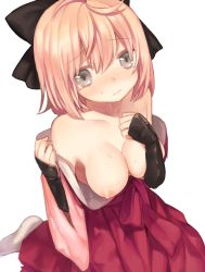 Rule 34 | 1girl, ahoge, black bow, blonde hair, blush, bow, breasts, breasts out, brown eyes, closed mouth, collarbone, covering privates, covering one breast, fate (series), from above, frown, hair between eyes, hair bow, hakama, hakama skirt, hand on own chest, highres, japanese clothes, kimono, koha-ace, long sleeves, looking at viewer, looking up, medium breasts, munuko, nipples, nose blush, off shoulder, okita souji (fate), okita souji (koha-ace), open clothes, open kimono, pink kimono, red hakama, short hair, simple background, skirt, socks, solo, sweat, tareme, tearing up, tears, undressing, white background, white socks, wide sleeves