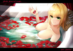 Rule 34 | 1girl, absurdres, ahoge, bath, bathing, bathtub, blonde hair, blush, breasts, collarbone, fate/extra, fate (series), green eyes, hair intakes, highres, iori (nanonamuco), large breasts, letterboxed, long hair, looking at viewer, nero claudius (fate), nero claudius (fate) (all), nero claudius (fate/extra), nude, petals, rose petals, smile, solo, water, wet