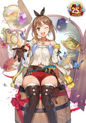 Rule 34 | 1girl, atelier (series), atelier ryza, atelier ryza 1, barrel, belt, blue belt, book, breasts, bridal legwear, brown belt, brown eyes, brown gloves, brown hair, bug, butterfly, feet out of frame, flask, gloves, highres, insect, jacket, jewelry, large breasts, leather, leather belt, leather gloves, necklace, one eye closed, pouch, red shorts, reisalin stout, round-bottom flask, short shorts, shorts, single glove, solo, star (symbol), star necklace, thick thighs, thigh pouch, thighs, toridamono, vial, yellow jacket