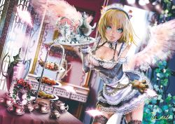 Rule 34 | 1girl, angel, angel wings, apron, blonde hair, blue eyes, breasts, cleavage, commentary request, food, frills, garter straps, large breasts, looking at viewer, maid, maid headdress, original, solo, tablecloth, teapot, tes mel, thighhighs, tray, wings