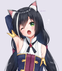 Rule 34 | 1girl, ;o, animal ear fluff, animal ears, anz32, arm up, armpits, bad id, bad pixiv id, bare shoulders, black hair, blue sleeves, blush, breasts, cat ears, commentary request, detached sleeves, fang, green eyes, grey background, hair between eyes, head tilt, karyl (princess connect!), long hair, long sleeves, low twintails, multicolored hair, one eye closed, open mouth, princess connect!, shirt, simple background, sleeveless, sleeveless shirt, small breasts, solo, streaked hair, twintails, twitter username, upper body, white hair, white shirt