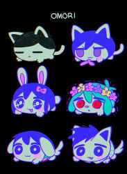 Rule 34 | 2girls, 4boys, :3, animal, animal focus, animalization, antenna hair, aqua hair, aubrey (headspace) (omori), aubrey (omori), basil (headspace) (omori), basil (omori), black background, black hair, blue shirt, blush, bow, bright pupils, brother and sister, brothers, cat, checkered clothes, chromatic aberration, closed eyes, closed mouth, copyright name, dog, dog tail, floppy ears, hair between eyes, hair bow, head wreath, hero (headspace) (omori), hero (omori), highres, kel (headspace) (omori), kel (omori), looking at another, mari (headspace) (omori), mari (omori), menma (enaic31), multiple boys, multiple girls, neckerchief, no eyebrows, no pupils, official alternate eye color, omori, omori (omori), open mouth, pink bow, pink neckerchief, purple eyes, purple hair, rabbit, rabbit tail, red eyes, retro artstyle, shirt, siblings, striped clothes, striped shirt, tail, trembling, vertical-striped clothes, vertical-striped shirt, white pupils, white shirt