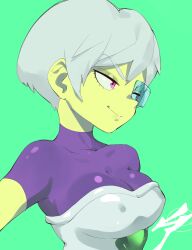 Rule 34 | 1girl, aetherion, breasts, cheelai, cleavage, closed mouth, colored skin, dragon ball, dragon ball super, green background, green skin, highres, looking afar, medium breasts, pink eyes, scouter, short hair, simple background, skin tight, smirk, solo, upper body