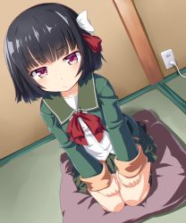 Rule 34 | 1girl, :/, black hair, blunt bangs, blush, closed mouth, commentary, cushion, dd (ijigendd), electrical outlet, green jacket, green sailor collar, green skirt, hair ribbon, highres, indoors, ishigaki (kancolle), jacket, kantai collection, long sleeves, neckerchief, purple eyes, red neckerchief, red ribbon, ribbon, sailor collar, short hair, sitting, skirt, solo, white ribbon