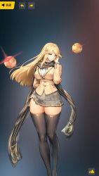Rule 34 | 1girl, black thighhighs, blonde hair, breasts, closed mouth, floating hair, full body, highres, large breasts, last origin, legs, legs together, long hair, looking at viewer, mari (last origin), official art, plaid, plaid skirt, scarf, school uniform, simple background, skirt, smile, solo, standing, thick eyebrows, thighhighs, thighs, yellow eyes, zettai ryouiki