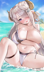 Rule 34 | 1girl, anparu, bad id, bad pixiv id, beach, bikini, blue eyes, breast hold, breasts, collarbone, come hither, day, draph, fang, granblue fantasy, hair over one eye, heart, heart-shaped pupils, highres, huge breasts, long hair, narmaya (granblue fantasy), navel, open mouth, saliva, saliva trail, sand, side-tie bikini bottom, silver hair, solo, spread legs, swimsuit, symbol-shaped pupils
