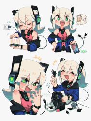 Rule 34 | +++, 1girl, :3, :d, ^ ^, absurdres, aqua eyes, aqua nails, artist name, bag, bare shoulders, battery indicator, belt, blue jacket, cellphone, charging device, closed eyes, commentary, dated, digitan (porforever), electric plug, electric plug tail, electrical outlet, english commentary, eyes visible through hair, fang, hair between eyes, hair bobbles, hair ornament, hand on own hip, headphones, heart, highres, holding, holding phone, jacket, laughing, lightning bolt symbol, long hair, long sleeves, looking at viewer, multiple views, nail polish, off shoulder, open clothes, open jacket, open mouth, original, phone, pink shirt, ponytail, porforever, power symbol, shirt, simple background, sleeveless, sleeveless shirt, smartphone, smile, star-shaped pupils, star (symbol), sweatdrop, symbol-shaped pupils, tail, tail wagging, v-shaped eyebrows, watch, white background, white hair, wings, wristwatch