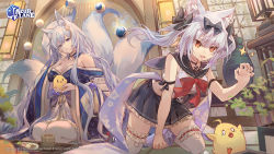 Rule 34 | 2girls, all fours, animal ears, arm ribbon, azur lane, bare shoulders, bird, black skirt, blue eyes, blue kimono, bow, bowtie, breasts, cat ears, chick, claw pose, crop top, csyday, fox ears, fox girl, fox tail, frilled skirt, frills, hair bow, japanese clothes, kimono, kitsune, large breasts, large tail, long hair, looking at viewer, manjuu (azur lane), midriff, miniskirt, multiple girls, multiple tails, off shoulder, official art, open mouth, pleated skirt, red eyes, revealing clothes, ribbon, sailor collar, school uniform, seiza, serafuku, shinano (azur lane), shirt, sitting, skirt, sleeveless, sleeveless shirt, smile, tail, thighhighs, twintails, v-shaped eyebrows, white hair, white legwear, white shirt, yukikaze (azur lane), zettai ryouiki
