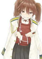 Rule 34 | 1girl, brown eyes, brown hair, commentary request, highres, jacket, jewelry, kantai collection, long sleeves, looking at viewer, military, military uniform, nito (nshtntr), ring, ryuujou (kancolle), simple background, skirt, smile, solo, two side up, uniform