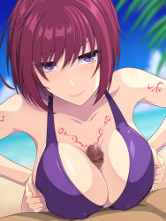 Rule 34 | 1boy, 1girl, 20s, abu, arm tattoo, beach, bikini, bikini top only, blurry, blurry background, blush, breast hold, breasts, censored, chest tattoo, clothed female nude male, erection, eyes visible through hair, hair over eyes, hetero, highres, large breasts, leaf, looking at viewer, mosaic censoring, naughty face, nel zelpher, nude, outdoors, paizuri, paizuri under clothes, palm leaf, palm tree, penis, pov, purple bikini, purple eyes, red hair, sand, shiny clothes, shiny skin, short hair, sky, smile, solo focus, square enix, star ocean, star ocean till the end of time, sweat, swimsuit, tattoo, tree, water