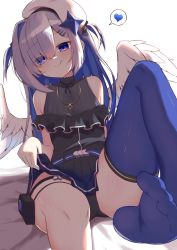 Rule 34 | 1girl, :q, amane kanata, amane kanata (work), angel, angel wings, batarop, beret, black panties, blue hair, blue thighhighs, colored inner hair, feet, frills, grey hair, hair ornament, hairclip, hat, highres, hololive, jewelry, licking lips, long hair, multicolored hair, necklace, panties, pantyshot, pouch, purple eyes, shirt, single thighhigh, sitting, sleeveless, sleeveless shirt, smile, solo, thigh pouch, thigh strap, thighhighs, tongue, tongue out, two side up, underwear, virtual youtuber, white background, wings