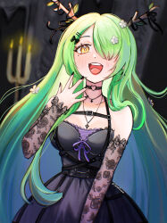 Rule 34 | 1girl, absurdres, antlers, black choker, black dress, black nails, black sleeves, breasts, ceres fauna, ceres fauna (4th costume), choker, detached sleeves, dress, flower, grey hair, hair flower, hair ornament, hair over one eye, heart, heart choker, highres, hololive, hololive english, horns, large breasts, long hair, looking at viewer, nail polish, official alternate costume, open mouth, see-through, see-through sleeves, shibedraws, sleeveless, sleeveless dress, smile, solo, teeth, upper teeth only, very long hair, virtual youtuber, yellow eyes