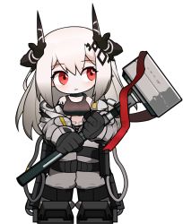 Rule 34 | 1girl, arknights, bare shoulders, black choker, black gloves, blush, breasts, chibi, choker, commentary, english commentary, gloves, hammer, holding, holding hammer, holding weapon, horns, infection monitor (arknights), long hair, long sleeves, looking to the side, material growth, medium breasts, mudrock (arknights), mudrock (elite ii) (arknights), nopetroto, off shoulder, oripathy lesion (arknights), parted lips, pointy ears, red eyes, silver hair, solo, transparent background, weapon