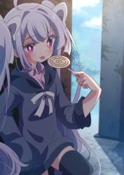 Rule 34 | 1girl, :p, against wall, ahoge, alley, arm at side, assault lily, black hoodie, black thighhighs, blue sky, blurry, blurry background, bow, candy, closed mouth, cloud, collared shirt, commentary request, cowboy shot, day, depth of field, food, grey hair, hair bow, hand up, holding, holding candy, holding food, holding lollipop, honkawa works, hood, hood down, hoodie, knee up, light blush, lollipop, long hair, long sleeves, looking at viewer, miriam hildegard von gropius, neck ribbon, outdoors, pink eyes, pink shirt, ribbon, shade, shirt, sky, sleeves past fingers, sleeves past wrists, smile, solo, standing, thighhighs, tongue, tongue out, tree, twintails, very long hair, white bow, white ribbon
