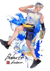 Rule 34 | 1boy, ahoge, bandaid, bandaid on face, bandaid on leg, bandaid on nose, bird, black hair, bokuto koutarou, character name, drop shadow, elbow sleeve, full body, grey hair, gym shorts, haikyuu!!, long bangs, looking to the side, male focus, midriff peek, multicolored hair, paint on clothes, paint splatter, paint splatter on face, pointing, rouye801, shirt, shoes, short hair, shorts, sideways mouth, signature, sleeveless, sleeveless shirt, smile, sneakers, solo, sportswear, spray can, spray paint, twisted torso, twitter username, two-tone hair, watermark