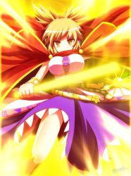 Rule 34 | 1girl, bad id, bad pixiv id, breasts, brown eyes, brown hair, cloak, earmuffs, glowing, glowing weapon, impossible clothes, impossible shirt, kisaragi zwei, large breasts, ritual baton, shirt, short hair, skirt, smile, solo, sword, touhou, toyosatomimi no miko, tsurime, weapon