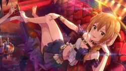 Rule 34 | baba konomi, belt, boots, bracelet, braid, breasts, brown hair, choker, cleavage, couch, crossed legs, earrings, feet, game cg, green eyes, hair ornament, high heel boots, high heels, idolmaster, idolmaster million live!, idolmaster million live! theater days, jewelry, nail polish, navel, official art, open mouth, shoes, sitting, skirt, star (symbol), toes, unworn shoes