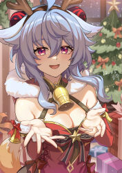 Rule 34 | 1girl, bare shoulders, blue hair, breasts, christmas, cleavage, ganyu (genshin impact), genshin impact, goat horns, highres, horns, looking at viewer, open mouth, santa costume, smile, solo, wangqi