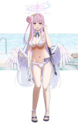 Rule 34 | 1girl, absurdres, alternate costume, bag, bare shoulders, bikini, blue archive, blunt bangs, breasts, cleavage, collarbone, commentary request, feathered wings, gaitoou, gun, hair bun, hair ornament, hair scrunchie, halo, handbag, highres, large breasts, long hair, looking at viewer, mika (blue archive), navel, one side up, pink hair, rifle, scrunchie, side-tie bikini bottom, sidelocks, single side bun, solo, spaghetti strap, stomach, swimsuit, weapon, white bikini, white wings, wings, yellow eyes