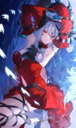 Rule 34 | 1girl, arknights, armpits, arms up, ascot, bare shoulders, boots, breasts, clothing cutout, commentary, detached sleeves, dress, gloves, grey hair, hair between eyes, hat, highres, ichibi, long hair, navel cutout, parted lips, red dress, red eyes, short dress, skadi (arknights), skadi the corrupting heart (arknights), sleeveless, sleeveless dress, solo, thigh strap, very long hair