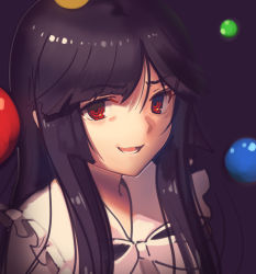 Rule 34 | 1girl, :d, balloon, black hair, boa (brianoa), bow, bowtie, commentary, english commentary, highres, houraisan kaguya, long hair, looking at viewer, open mouth, portrait, purple background, red eyes, ringed eyes, simple background, smile, solo, touhou, white bow, white bowtie