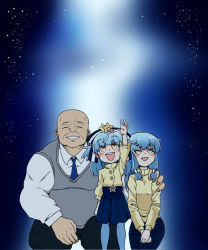 Rule 34 | 10s, 1boy, 2girls, aged down, bald, blue hair, bow, closed eyes, family, father and daughter, go takeo, hachiman (douno), hair bow, hair ornament, hand on another&#039;s shoulder, highres, hoshikawa lily, husband and wife, long hair, looking up, low-tied long hair, mother and daughter, multiple girls, pantyhose, parent and child, reaching, reaching towards viewer, skirt, star (symbol), star hair ornament, yellow eyes, zombie land saga