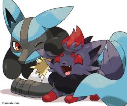 Rule 34 | :d, commentary request, creatures (company), cuddling, fang, furry, game freak, gen 4 pokemon, gen 5 pokemon, highres, looking at another, lucario, nintendo, one eye closed, open mouth, pokemon, pokemon (creature), red eyes, rorosuke, smile, stretching, tongue, white background, zorua
