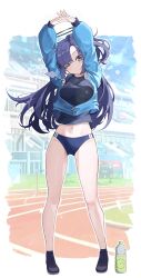 Rule 34 | 1girl, :/, absurdres, arms up, black footwear, black shirt, blue archive, blue buruma, blue eyes, blue jacket, bottle, breasts, buruma, commentary request, full body, gym shirt, gym uniform, halo, highres, id card, jacket, juliahsl, lanyard, light blush, long hair, long sleeves, looking at viewer, mechanical halo, medium breasts, official alternate costume, one eye closed, partially unzipped, puffy long sleeves, puffy sleeves, purple hair, running track, shirt, shoes, sneakers, solo, stadium, standing, star sticker, sticker on face, stretching, track jacket, water bottle, yuuka (blue archive), yuuka (track) (blue archive)