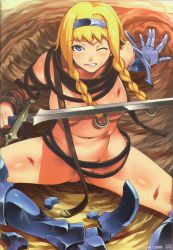 Rule 34 | 1girl, absurdres, armor, blonde hair, blue eyes, blush, braid, breasts, buckle, censored, convenient censoring, exiled warrior leina, gauntlets, hairband, highres, injury, large breasts, legs, leina (queen&#039;s blade), leina (queen's blade), long hair, long legs, mizuryu kei, no panties, queen&#039;s blade, short hair with long locks, side braid, solo, spread legs, thighs, twin braids, twintails, weapon, wince