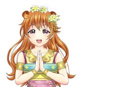 Rule 34 | 1girl, absurdres, artist name, artist request, blush, bracelet, breasts, brown hair, collarbone, double bun, female focus, floral print, flower, flower print, gold bracelet, hair between eyes, hair bun, hair flower, hair ornament, highres, japanese clothes, jewelry, kimono, konoe kanata, long hair, looking at viewer, love live!, love live! nijigasaki high school idol club, orange hair, own hands together, parted lips, pink kimono, purple eyes, small breasts, smile, solo, upper body, white background, white flower, yellow bracelet