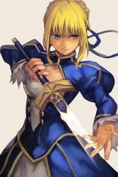 Rule 34 | 1girl, ahoge, artoria pendragon (fate), blonde hair, braid, closed mouth, collarbone, cowboy shot, excalibur (fate/stay night), fate (series), french braid, green eyes, hair ribbon, hungry clicker, invisible air (fate), looking to the side, ribbon, saber (fate), sidelocks, solo, sword, weapon