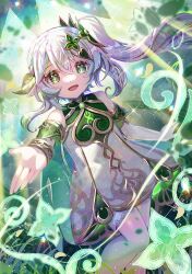 Rule 34 | 1girl, :d, detached sleeves, dress, genshin impact, gradient hair, green eyes, green hair, green sleeves, hair between eyes, hair ornament, highres, long hair, looking at viewer, multicolored hair, nahida (genshin impact), open mouth, outstretched arm, raymond busujima, short dress, short sleeves, side ponytail, sleeveless, sleeveless dress, smile, solo, sparkle, standing, symbol-shaped pupils, white dress, white hair