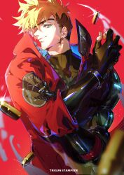 Rule 34 | 1boy, absurdres, bishounen, black shirt, blonde hair, blue eyes, bullet, closed mouth, copyright name, earrings, eyelashes, fingerless gloves, foreshortening, glint, gloves, highres, jacket, jewelry, kami off record, leather, leather jacket, looking at viewer, male focus, mole, mole under eye, no eyewear, prosthesis, prosthetic arm, red background, red jacket, shirt, sideburns, smile, solo, thick eyebrows, trigun, trigun stampede, undercut, vash the stampede
