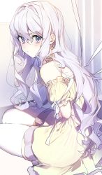Rule 34 | 1girl, bare shoulders, blue eyes, curly hair, detached sleeves, dress, highres, long hair, original, pale skin, puffy detached sleeves, puffy sleeves, ribbon, silver hair, sitting, solo, thighhighs, wata (attaka towel), white thighhighs, yellow dress