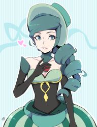 Rule 34 | 1girl, 2017, black gloves, breasts, cleavage, commentary, creatures (company), curly hair, dress, english commentary, eyelashes, female focus, game freak, gloves, green eyes, green hair, green headwear, green theme, heart, highres, holding, holding poke ball, long hair, matching hair/eyes, milka (milk4ppl), morgan (pokemon), nintendo, parted lips, poke ball, poke ball (basic), pokemon, pokemon xy, ponytail, signature, small breasts, smile, solo, striped, striped background, upper body