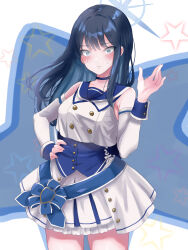 Rule 34 | 1girl, bare shoulders, black hair, blue archive, blue choker, blue eyes, blue halo, blush, breasts, choker, closed mouth, collarbone, cowboy shot, detached sleeves, halo, hand on own hip, highres, komena (shinyday312), long hair, medium breasts, mischievous straight uniform (blue archive), pleated skirt, saori (blue archive), skirt, solo, star (symbol), white skirt