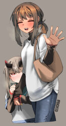 Rule 34 | 2girls, :d, alternate costume, bag, black shirt, blue neckerchief, blue skirt, blush, breasts, brown hair, casual, closed eyes, commentary request, cowboy shot, denim, ergot, fubuki (kancolle), green nails, green sailor collar, grey background, grey hair, hair tie, holding, holding bag, holding hands, horns, jeans, jewelry, kantai collection, long sleeves, looking at viewer, low ponytail, lycoris fubuki, medium breasts, multiple girls, nail polish, neckerchief, open mouth, pants, pleated skirt, red eyes, ring, sailor collar, shirt, short sleeves, sidelocks, signature, simple background, skirt, smile, standing, t-shirt, teeth, turtleneck, upper teeth only, waving, wedding ring, white shirt