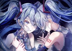 Rule 34 | 2girls, absurdres, arm tattoo, black background, blue eyes, blue hair, blue necktie, collared shirt, commentary request, crying, detached sleeves, dual persona, grey shirt, hatsune miku, highres, holding, holding another&#039;s wrist, holding scissors, long hair, multiple girls, necktie, parted lips, pipi, scissors, shirt, sleeveless, sleeveless shirt, tattoo, tears, twintails, upper body, vocaloid
