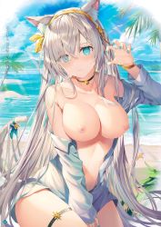 Rule 34 | 1girl, absurdres, anastasia (fate), animal ears, bare shoulders, beach, blue eyes, blush, breasts, cat ears, cat tail, cleavage, collarbone, day, fate/grand order, fate (series), hairband, heart, heart-shaped pupils, highres, huge filesize, jacket, large breasts, long hair, long sleeves, looking at viewer, naked jacket, nipples, non-web source, off shoulder, open clothes, open jacket, open mouth, rin yuu, scan, silver hair, solo, symbol-shaped pupils, tail
