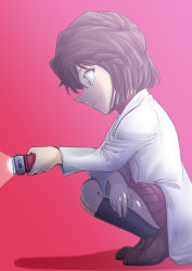 Rule 34 | 1girl, black socks, blue eyes, brown footwear, brown hair, closed mouth, dress, from side, haibara ai, highres, holding, kneehighs, lab coat, meitantei conan, profile, red background, red dress, red sweater, short dress, short hair, smile, socks, solo, sooma4869, sweater, sweater dress
