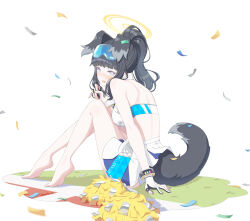 Rule 34 | 1girl, absurdres, animal ears, back, bare arms, bare legs, bare shoulders, barefoot, black hair, blue archive, blue eyes, blunt bangs, blush, breasts, cheerleader, confetti, dog ears, dog girl, dog tail, eyewear on head, feet, from side, hair ornament, halo, hancho, hibiki (blue archive), hibiki (cheer squad) (blue archive), highres, knees up, legs, long hair, looking at viewer, medium breasts, millennium cheerleader outfit (blue archive), official alternate costume, pom pom (cheerleading), simple background, sitting, skirt, soles, solo, star sticker, sticker on face, tail, thighs, toes, very long hair, white background, white skirt, yellow halo