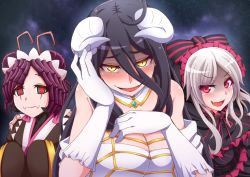Rule 34 | 3girls, albedo (overlord), antennae, arthropod girl, black dress, black hair, breasts, cleavage, commentary request, demon girl, double bun, dress, entoma vasilissa zeta, fangs, frilled dress, frills, hand on own face, happy, horns, ikue fuuji, large breasts, lolita fashion, long hair, looking at viewer, maid, maid headdress, monster girl, multiple girls, overlord (maruyama), red eyes, shalltear bloodfallen, silver hair, slit pupils, smile, vampire, white horns, yellow eyes