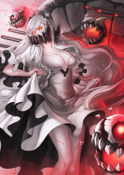 Rule 34 | 10s, 1girl, abyssal ship, breasts, cleavage, colored skin, covered mouth, cowboy shot, dress, female focus, glowing, glowing eyes, horns, kantai collection, large breasts, long hair, looking at viewer, looking to the side, midway princess, orange eyes, skirt hold, solo, sturmjaeger (daybreaks0), veins, very long hair, white dress, white hair, white skin